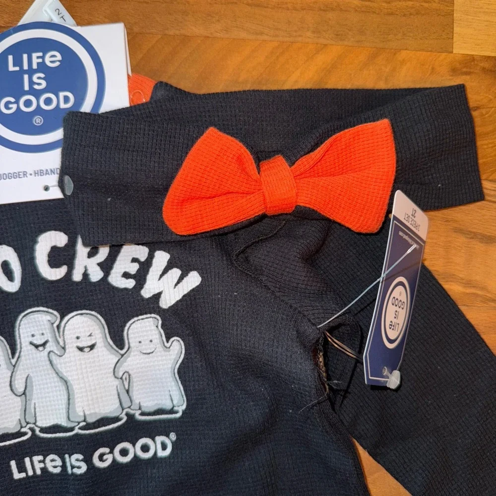 Life is Good Baby Girl Boo Crew Outfit 3PC Set Tee Jogger Headband NWT Halloween